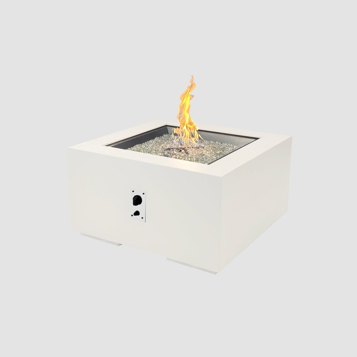 36-inch Cove Concrete square gas fire pit table in White with lit flame