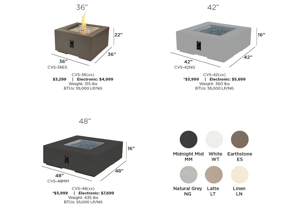 Dimensions diagram for the Cove Concrete Square Gas Fire Pit Table