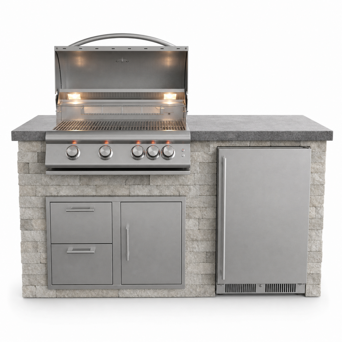 The Host outdoor kitchen island with Blaze grill, door and drawer combo and 24-inch outdoor refrigerator