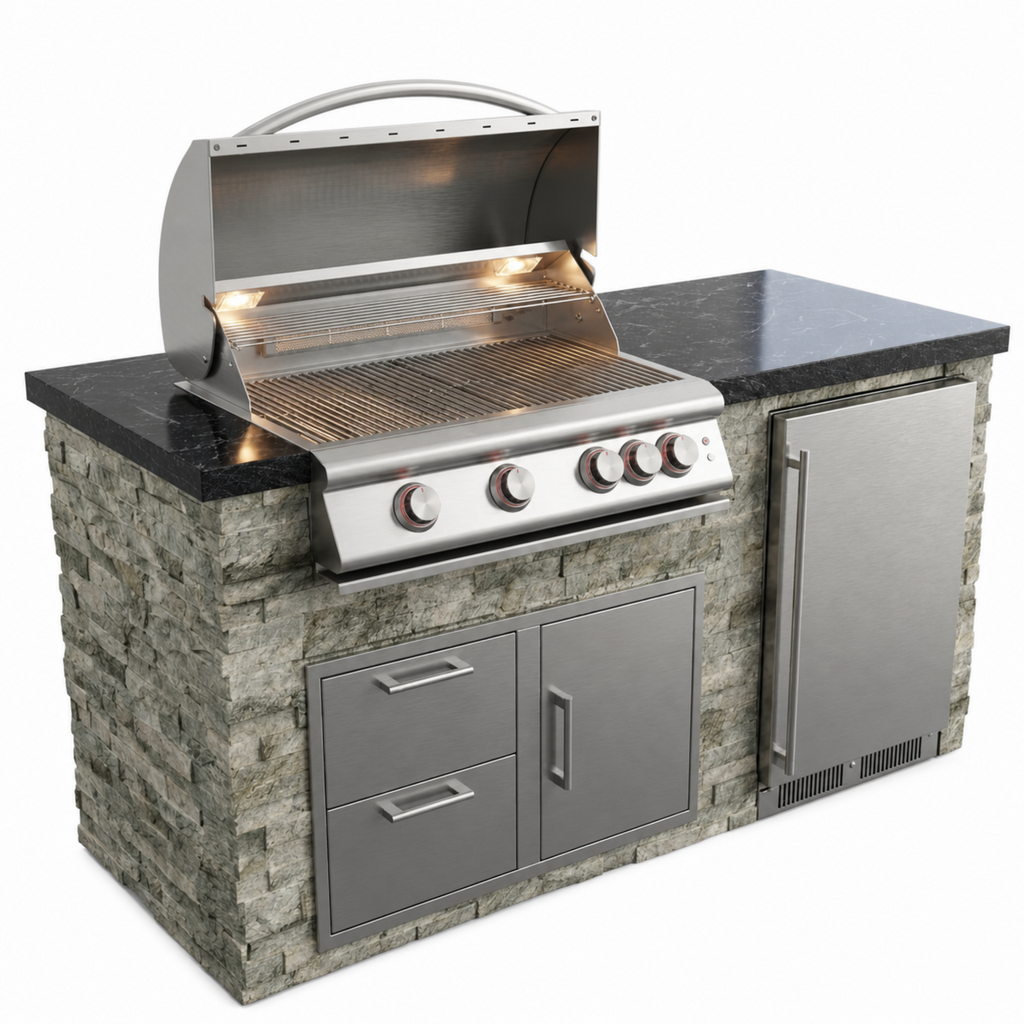 The Host outdoor kitchen island in a backyard setting with natural stone finish