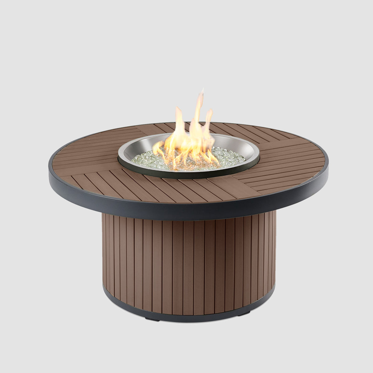 Kenwood Round Chat Height Gas Fire Pit Table in Umber Brown with lit flame