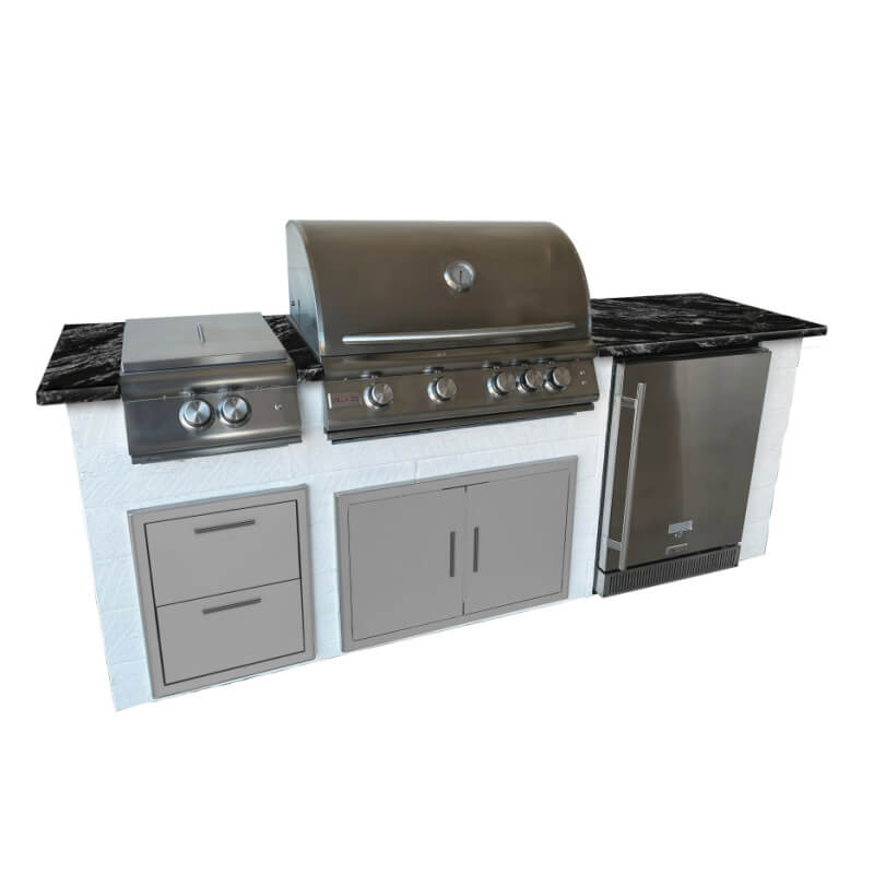 Isla de cocina exterior de 2,4 m con parrilla de gas Blaze LTE de 81 cm, refrigerador de 61 cm, quemador Power, puertas dobles de 81 cm y cajón doble. 