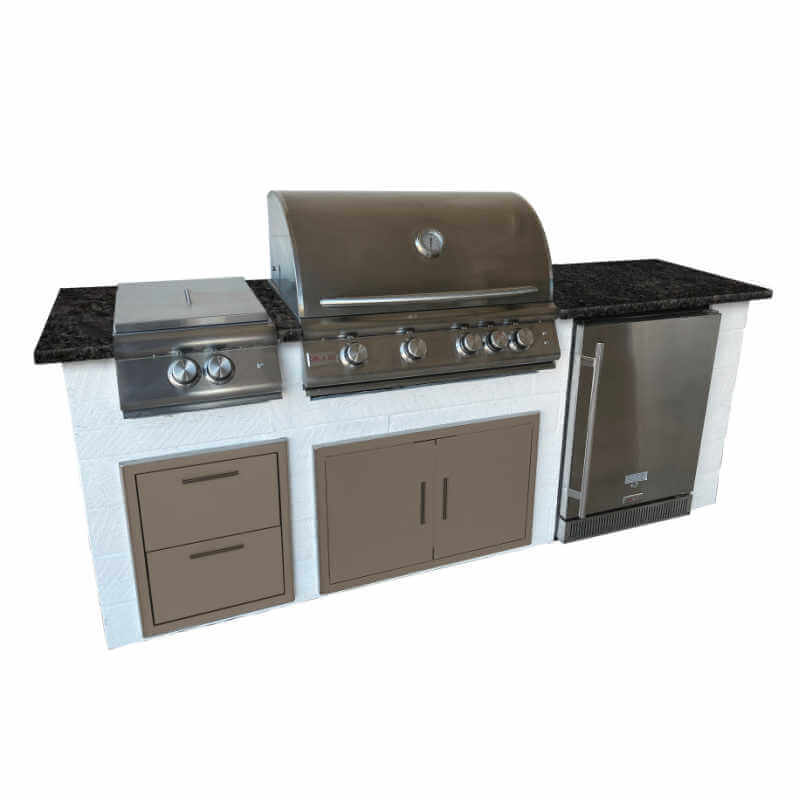 Isla de cocina exterior de 2,4 m con parrilla de gas Blaze LTE de 81 cm, refrigerador de 61 cm, quemador Power, puertas dobles de 81 cm y cajón doble. 