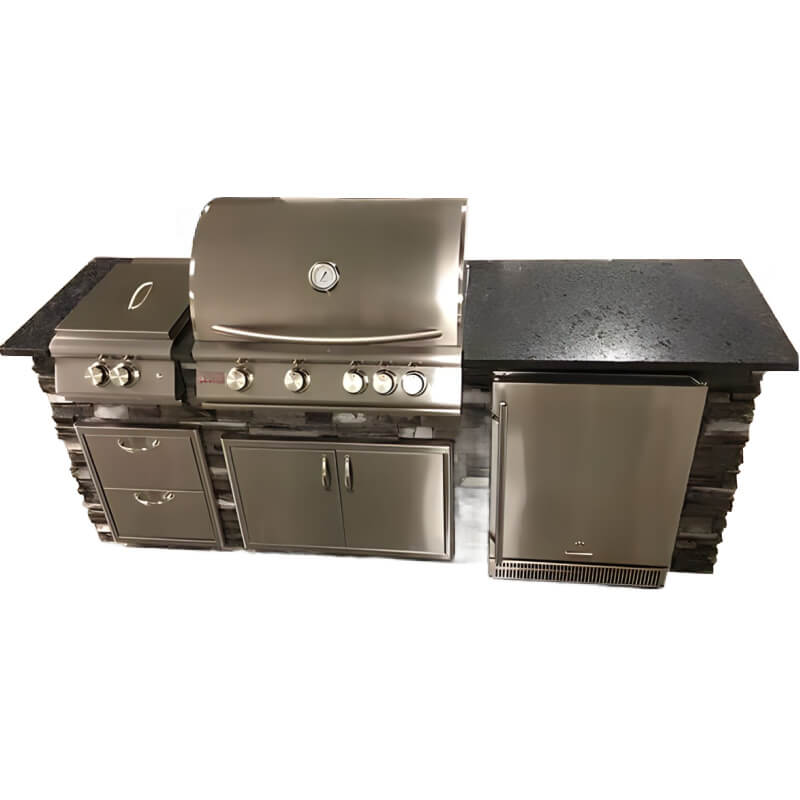Isla de cocina exterior de 2,4 m con parrilla de gas Blaze LTE de 81 cm, refrigerador de 61 cm, quemador Power, puertas dobles de 81 cm y cajón doble. 
