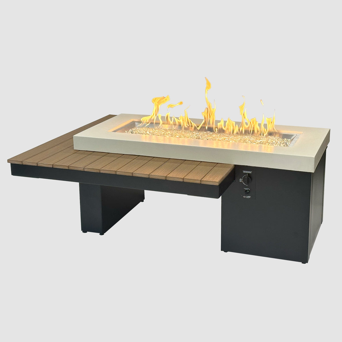 Uptown Antique Mahogany linear gas fire pit table lit on a grey background