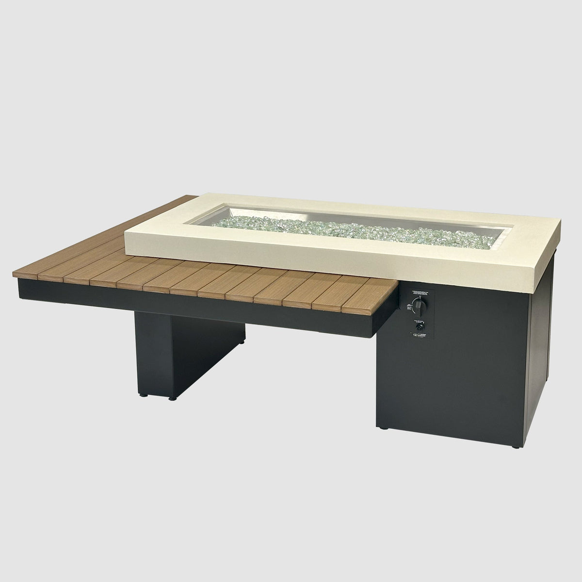 Uptown Antique Mahogany linear gas fire pit table on a grey background