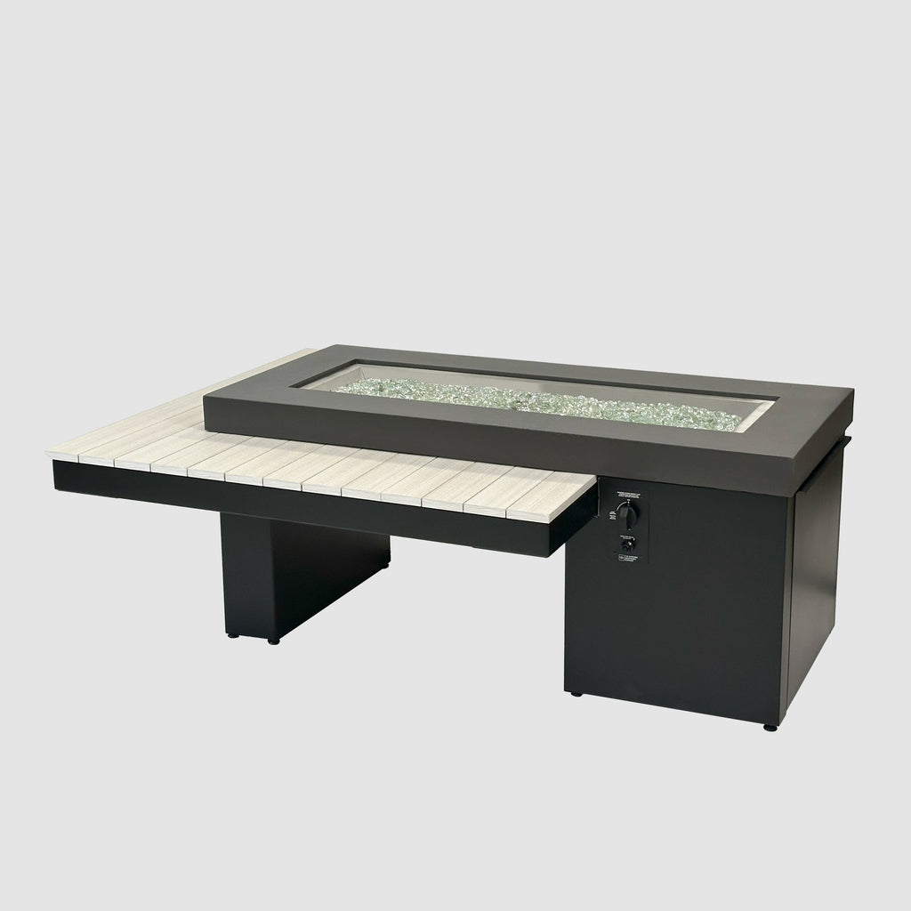 Uptown Seashell linear gas fire pit table on a grey background