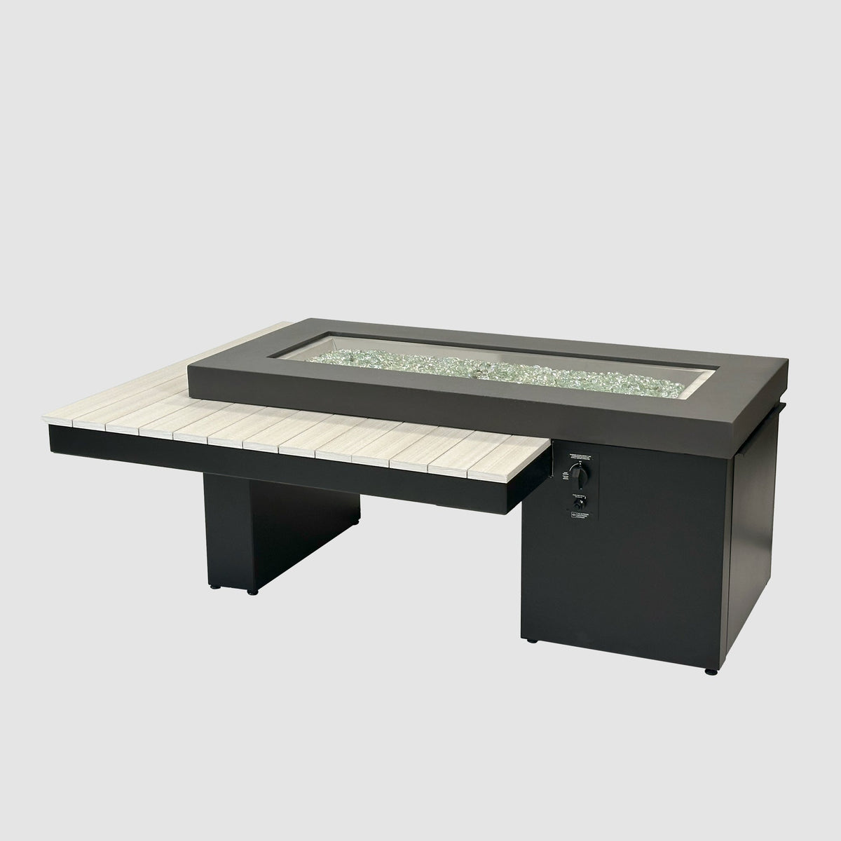 Uptown Seashell linear gas fire pit table on a grey background
