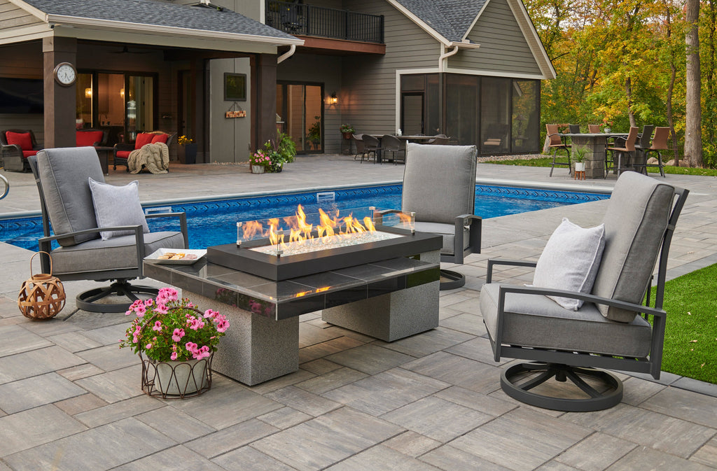 Uptown Black fire pit table with flame and glass wind guard