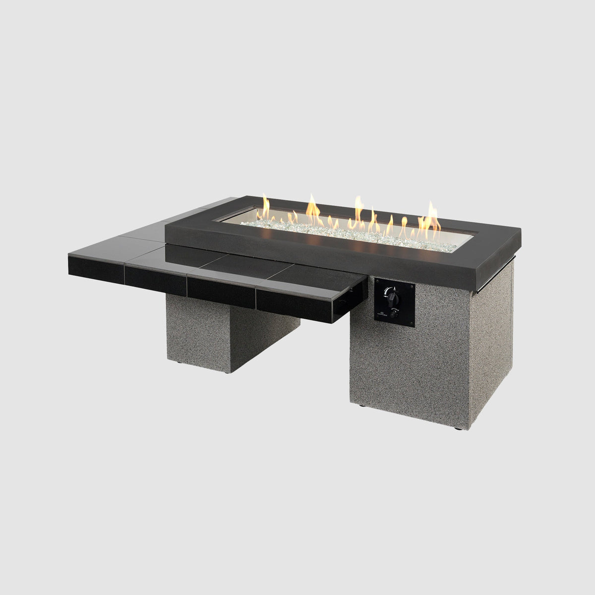Uptown Black linear gas fire pit table lit on a grey background