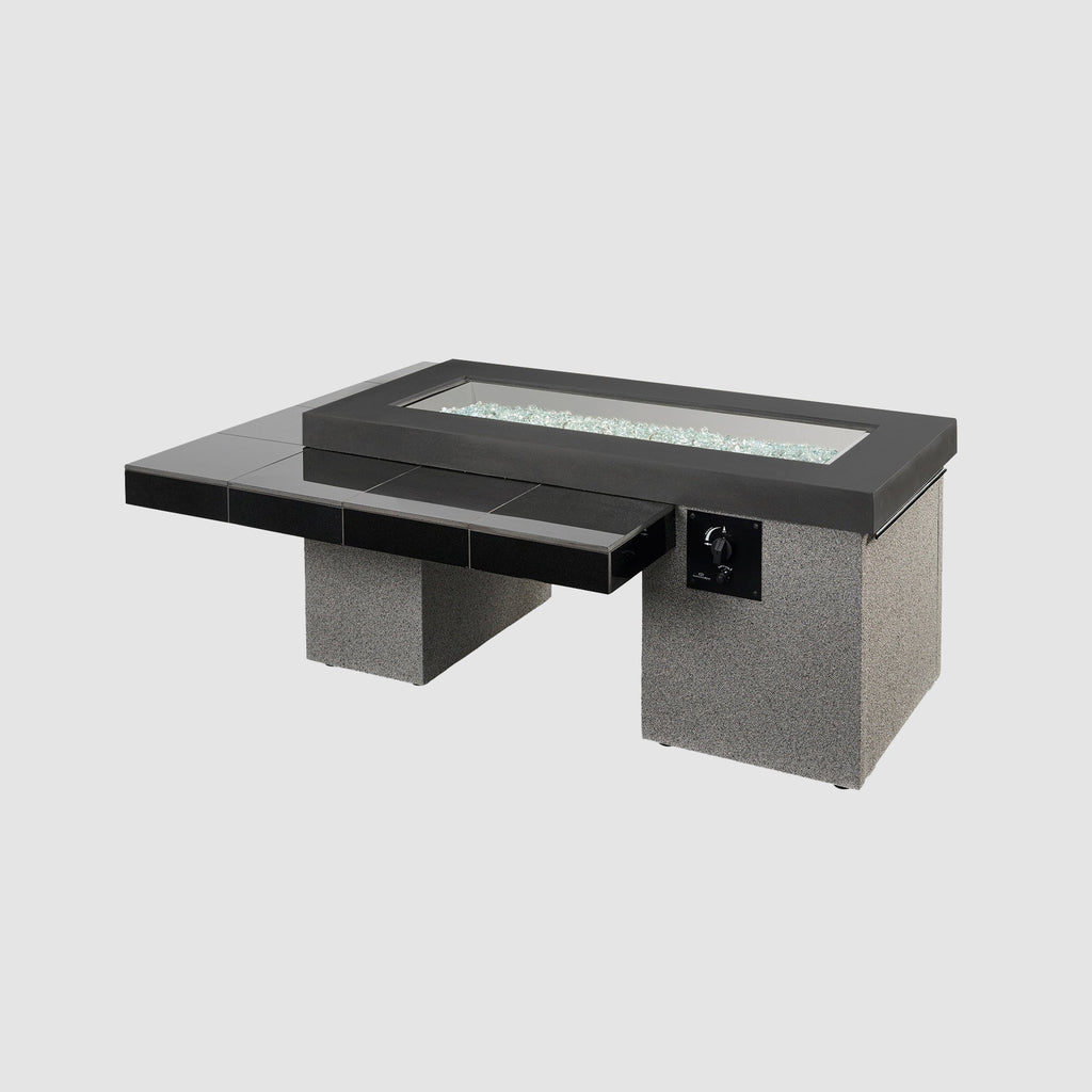 Uptown Black linear gas fire pit table on a grey background