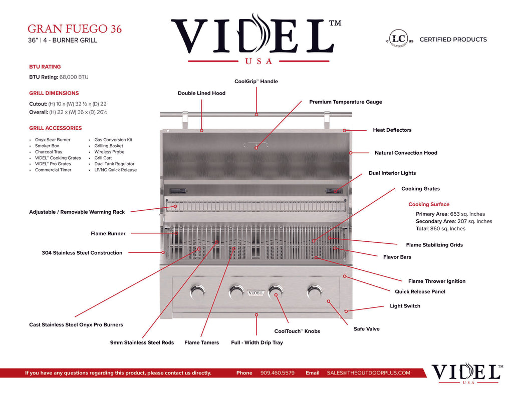 Videl 9-Ft Outdoor Kitchen Island with Gran Fuego 36-Inch 4-Burner Gas Grill