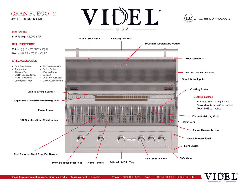 Videl 9 1/3-Ft Maestro L-Shaped Outdoor Kitchen Island with Gran Fuego 42-Inch 5-Burner Gas Grill, Double Side Burner, 4.5 Cu. Ft. Refrigerator, Sink and LED & Outdoor Audio System