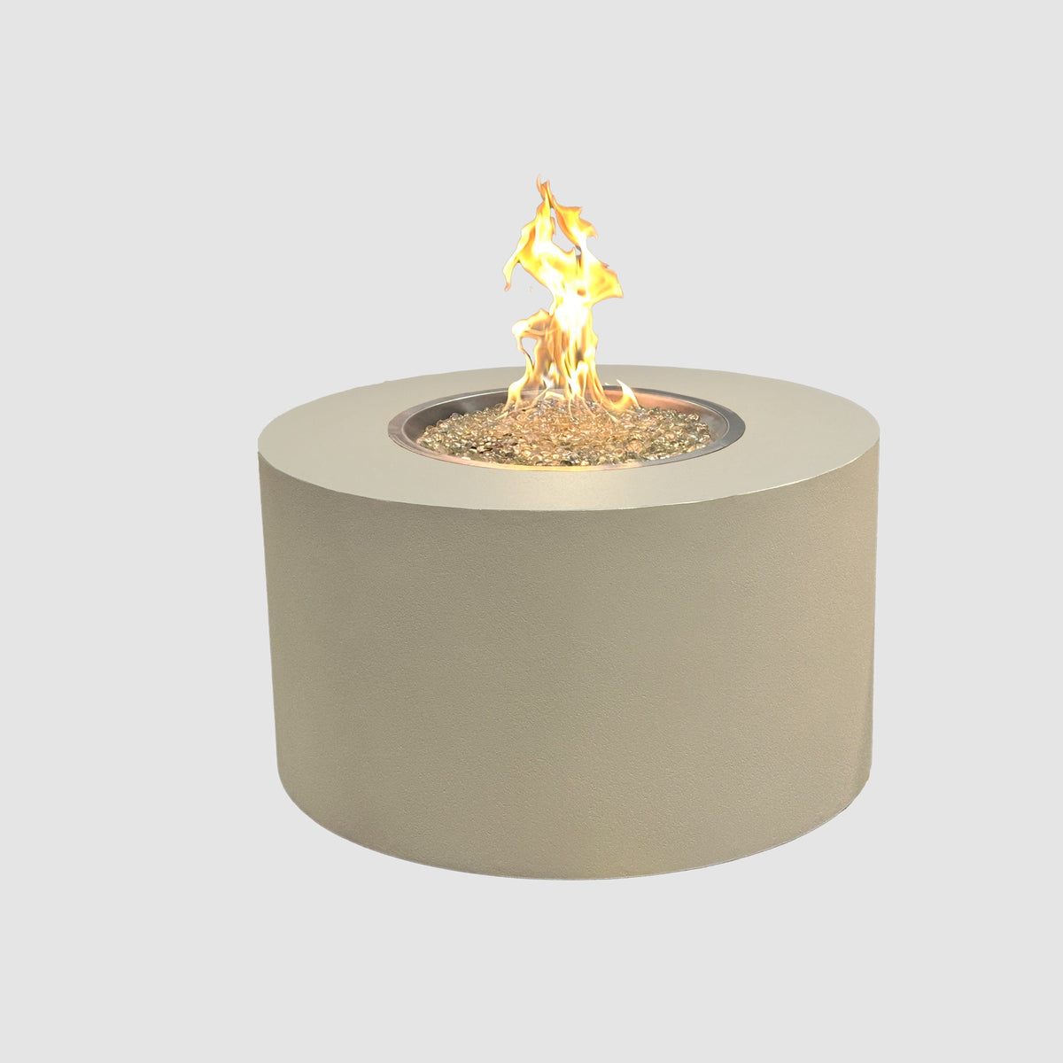 Vosera Round Gas Fire Pit Table 36 inch in Linen with lit flame