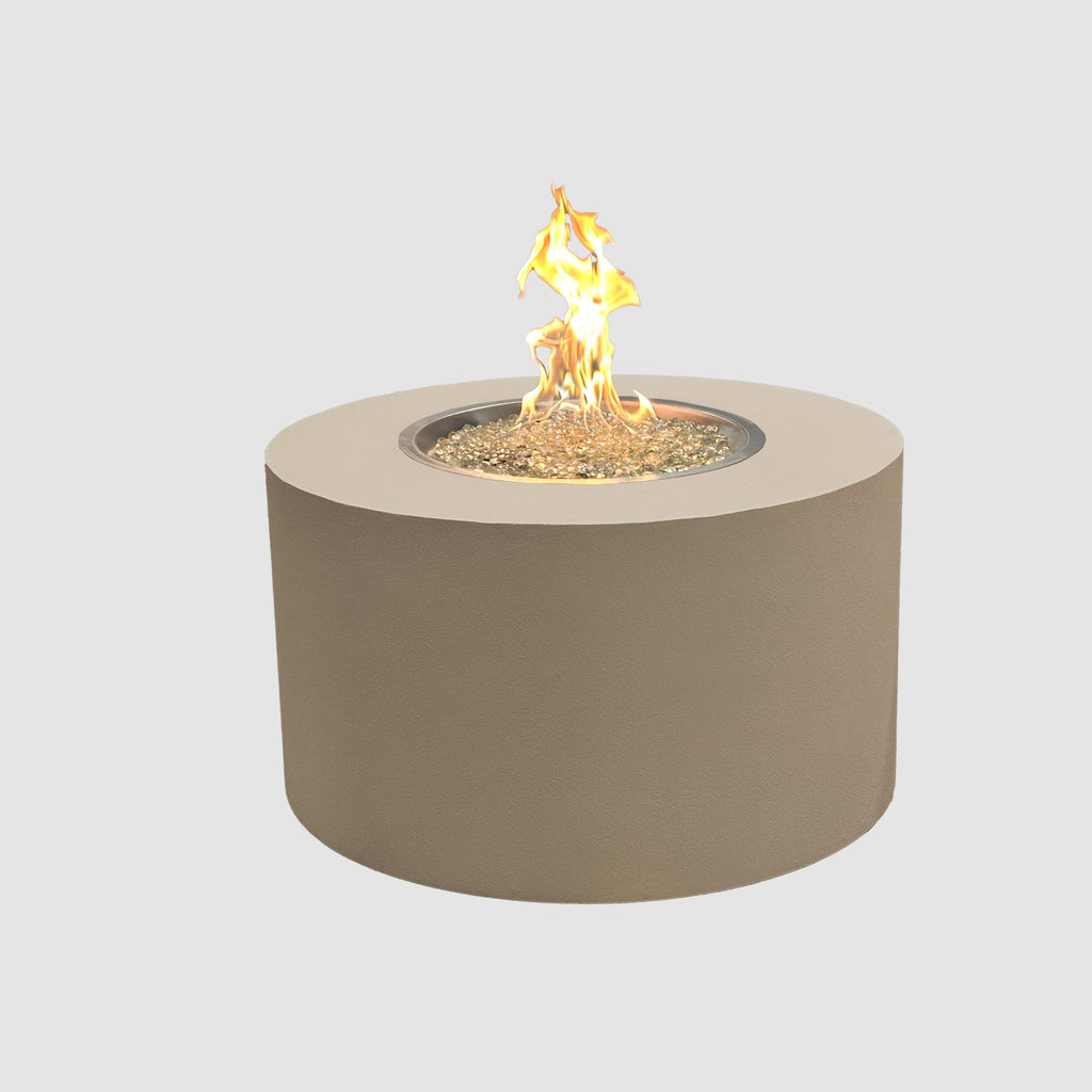 Vosera Round Gas Fire Pit Table 36 inch in Latte with lit flame