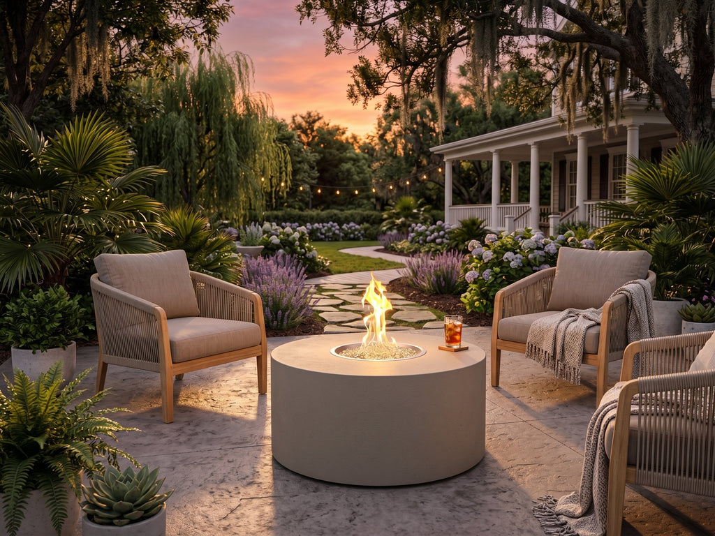Vosera Round Gas Fire Pit Table 36 inch in Latte, lifestyle