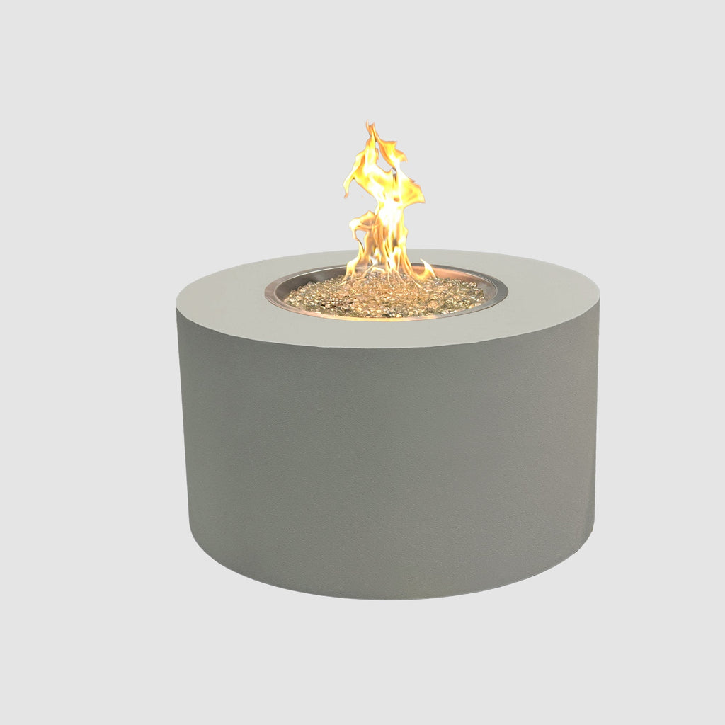 Vosera Round Gas Fire Pit Table 36 inch in Natural Grey with lit flame