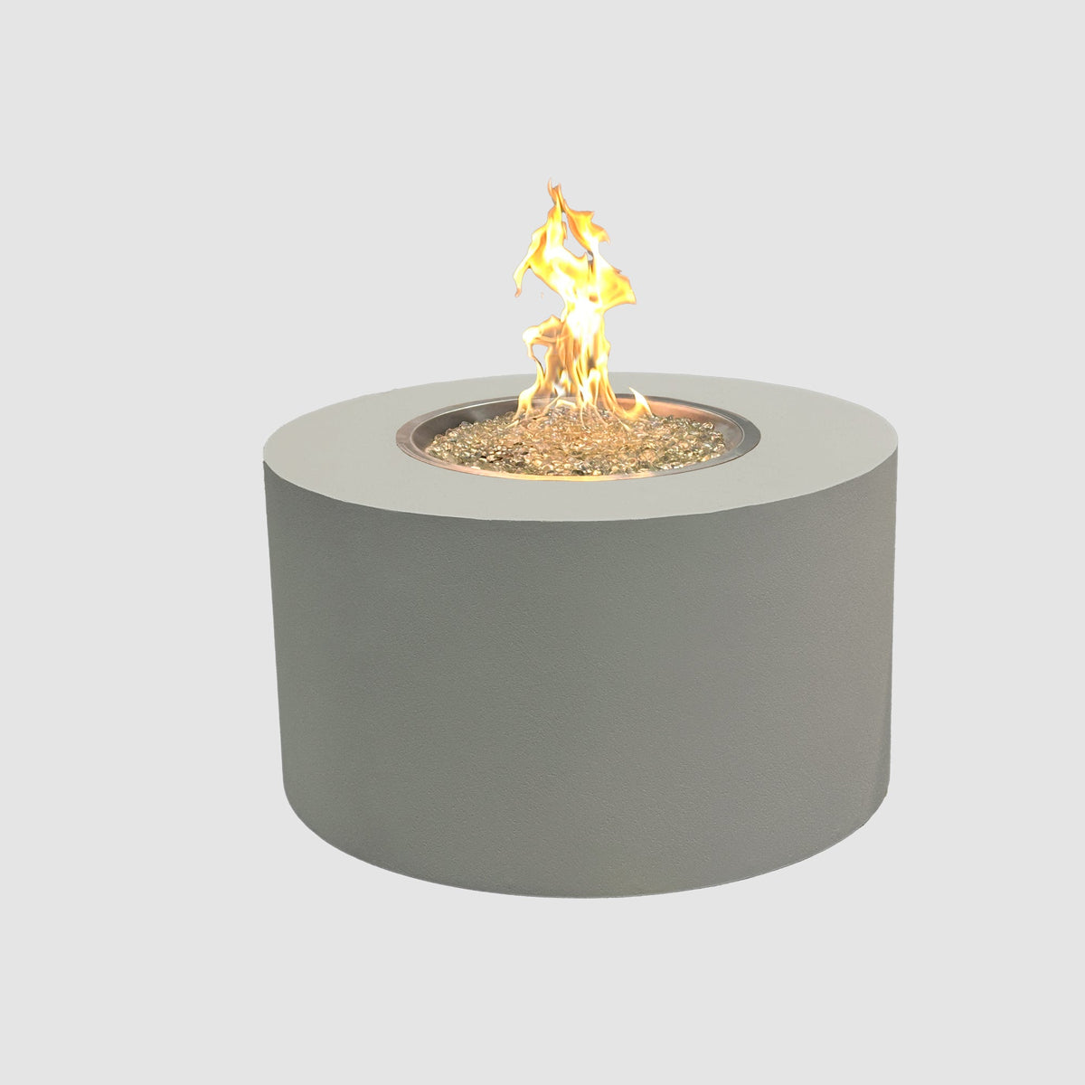 Vosera Round Gas Fire Pit Table 36 inch in Natural Grey with lit flame