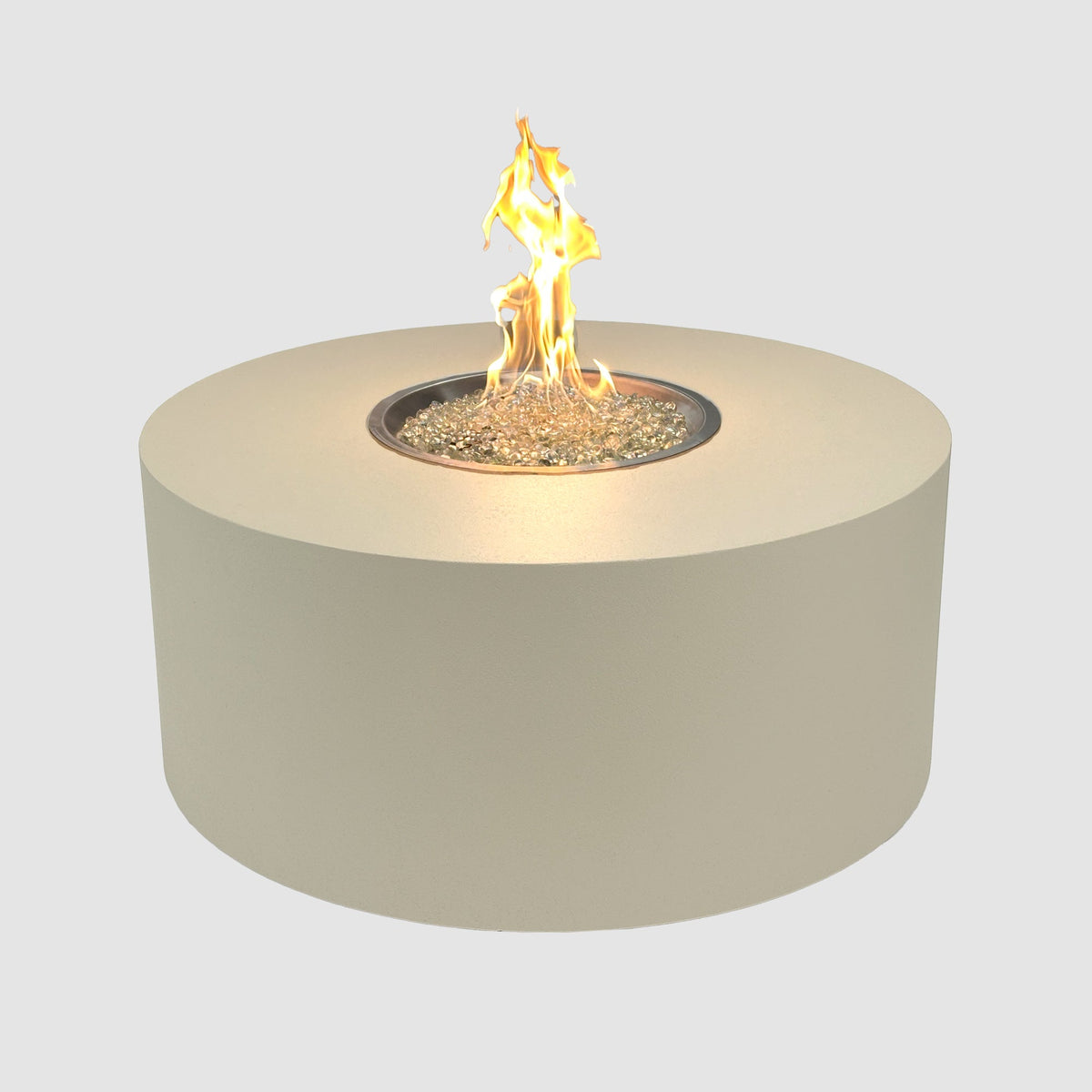 Vosera Round Gas Fire Pit Table 48 inch in Linen with lit flame