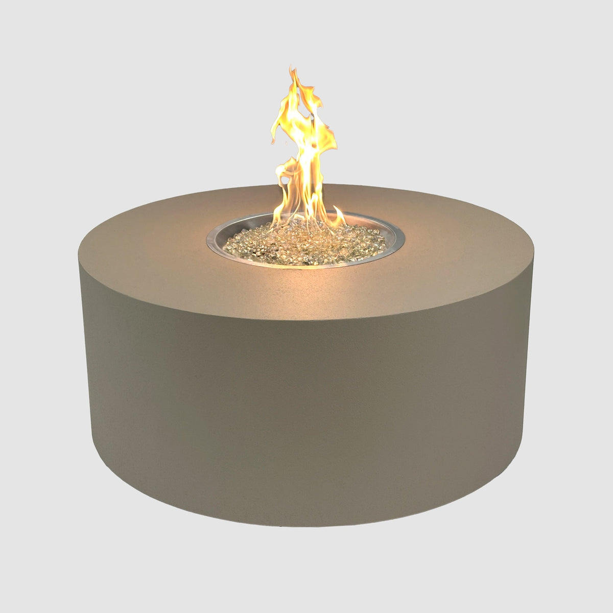 Vosera Round Gas Fire Pit Table 48 inch in Latte with lit flame