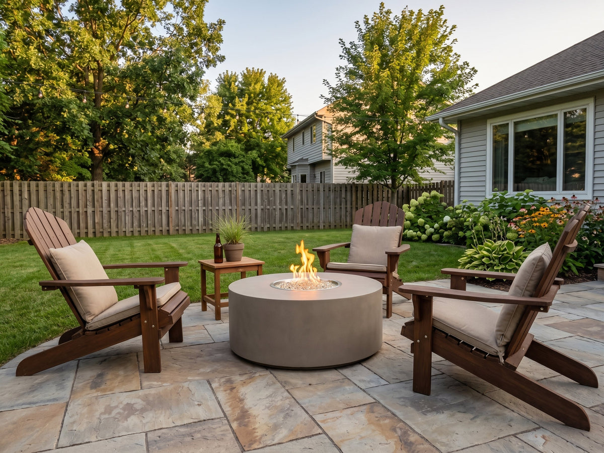 Vosera Round Gas Fire Pit Table 48 inch in Latte, lifestyle