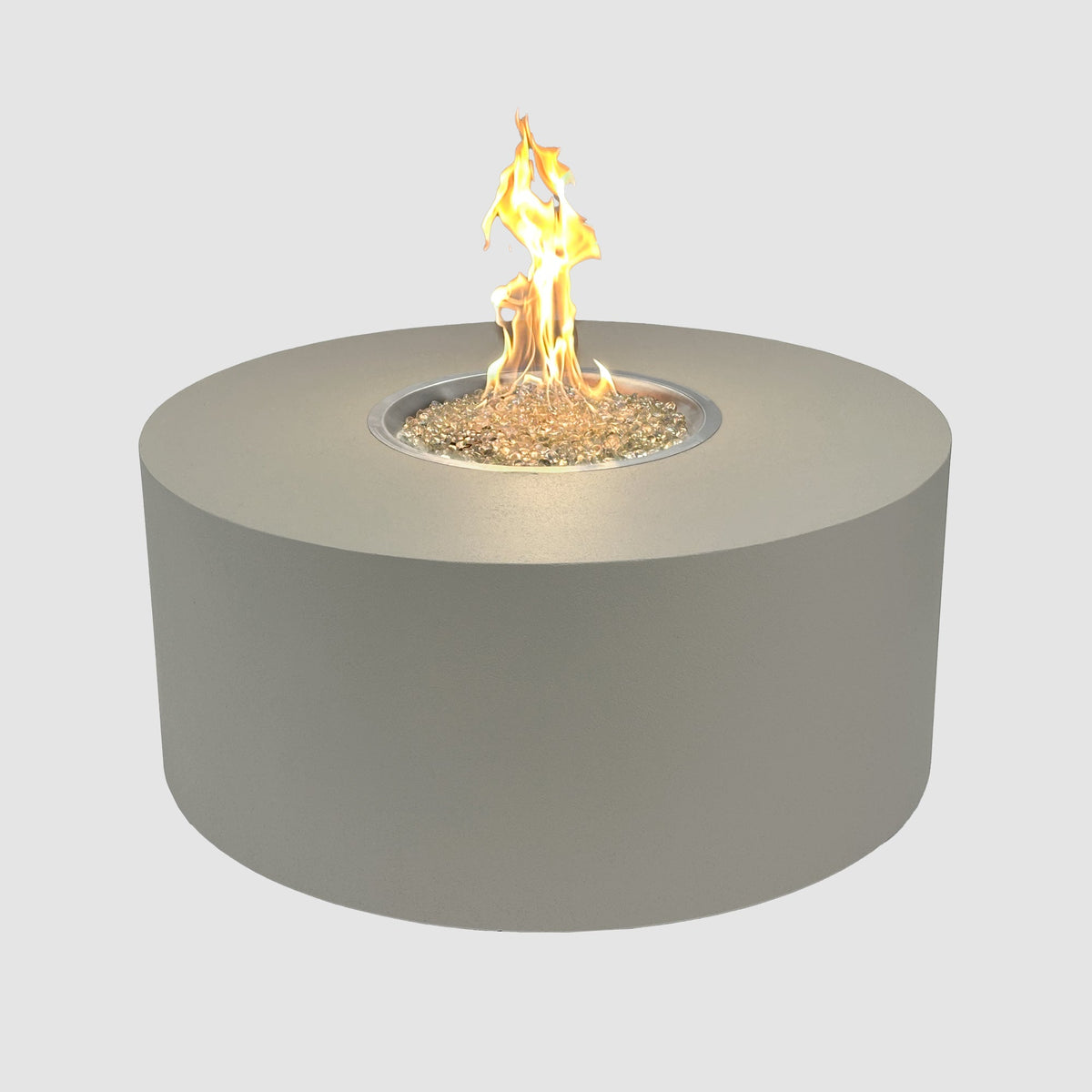 Vosera Round Gas Fire Pit Table 48 inch in Natural Grey with lit flame