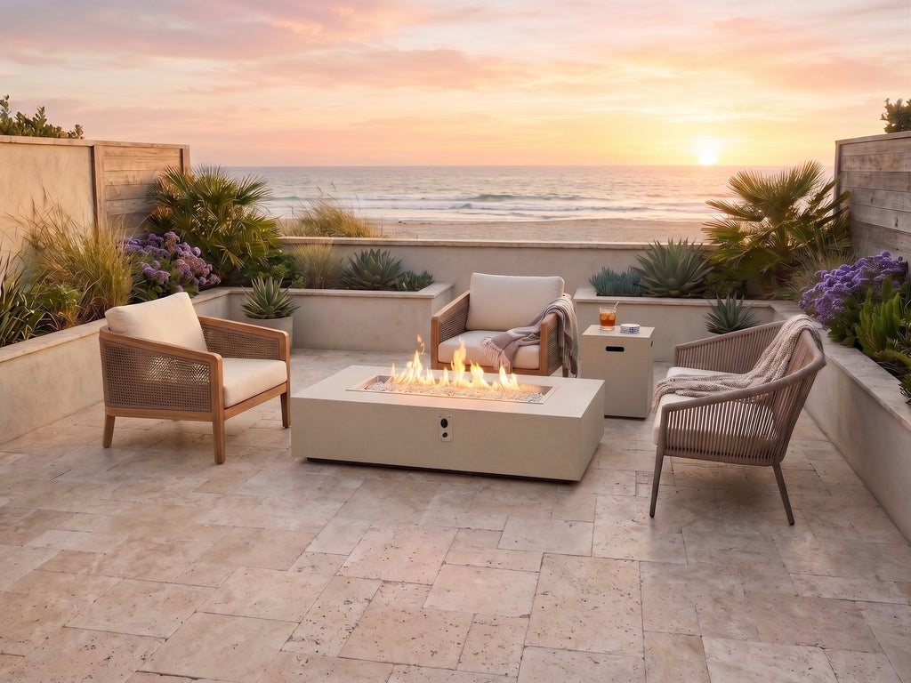 Vosera Linear Gas Fire Pit Table with end table in Linen, lifestyle