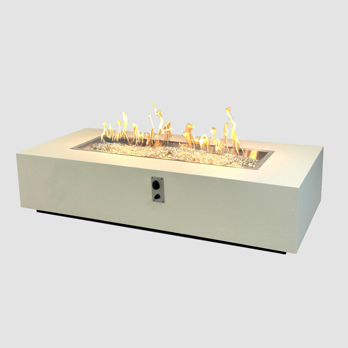 Vosera 60 x 14 Linear Gas Fire Pit Table in Linen with lit flame