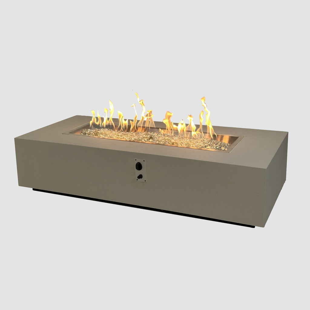 Vosera 60 x 14 Linear Gas Fire Pit Table in Latte with lit flame