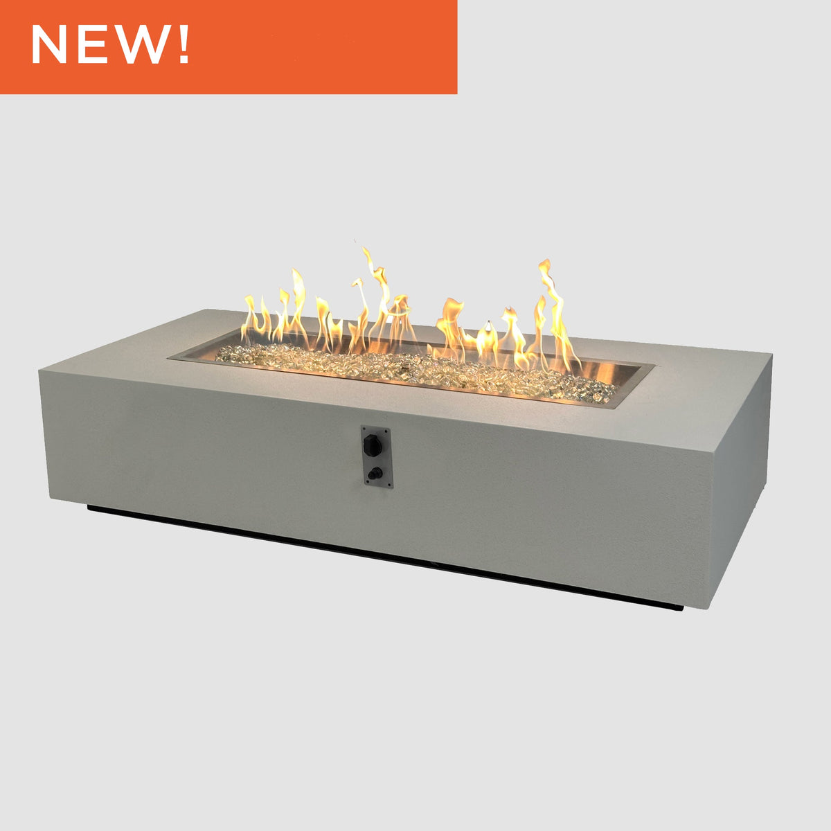 Vosera Linear Gas Fire Pit Table in Natural Grey with lit flame