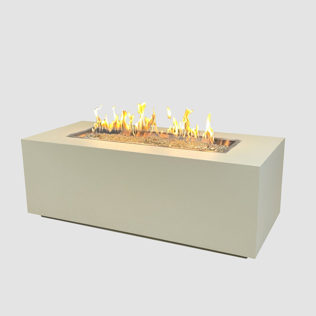 Vosera 60 x 22 Linear Gas Fire Pit Table in Linen with lit flame