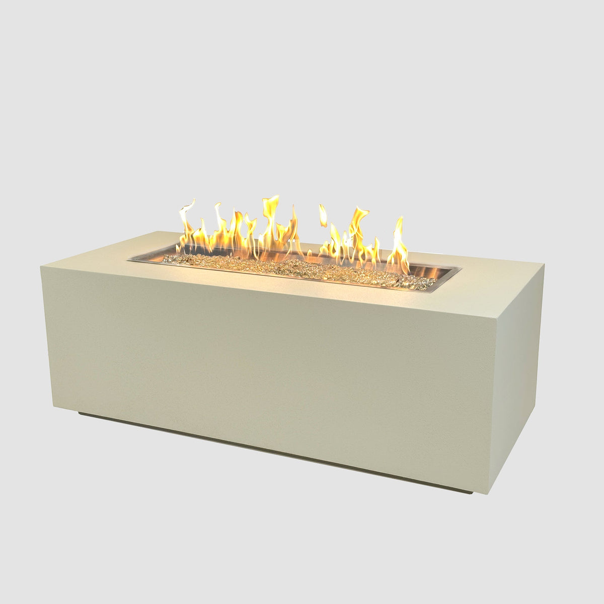 Vosera 60 x 22 Linear Gas Fire Pit Table in Linen with lit flame