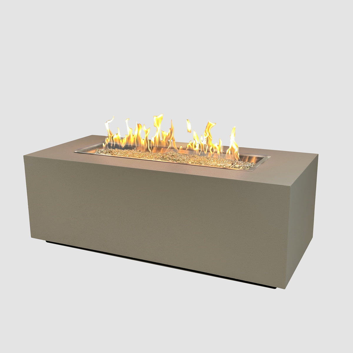 Vosera 60 x 22 Linear Gas Fire Pit Table in Latte with lit flame