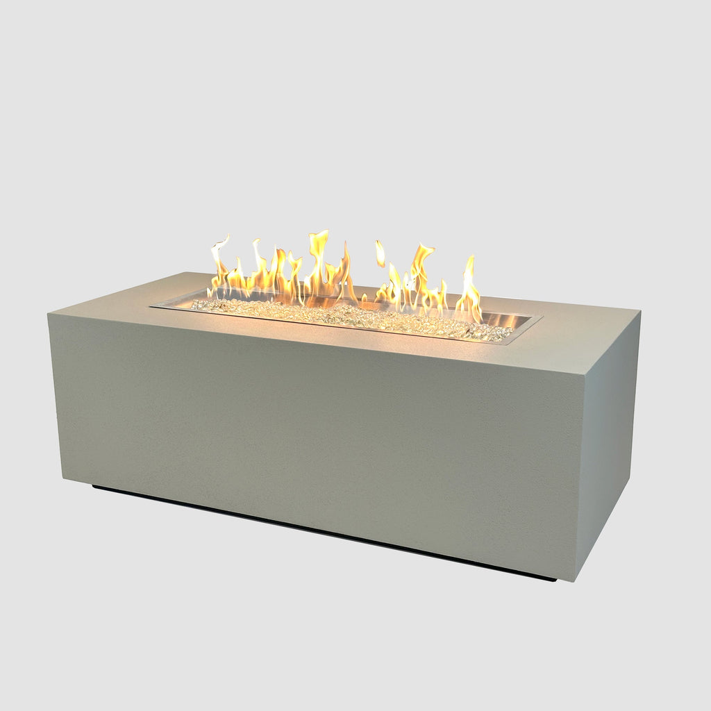 Vosera 60 x 22 Linear Gas Fire Pit Table in Natural Grey with lit flame