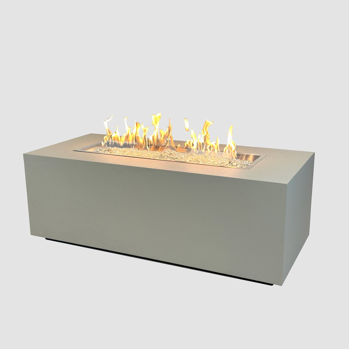 Vosera 60 x 22 Linear Gas Fire Pit Table in Natural Grey with lit flame