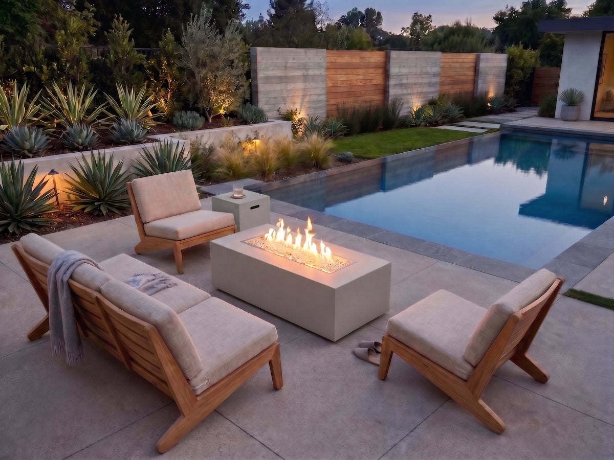 Vosera 60 x 22 Linear Gas Fire Pit Table in Natural Grey with end table, lifestyle