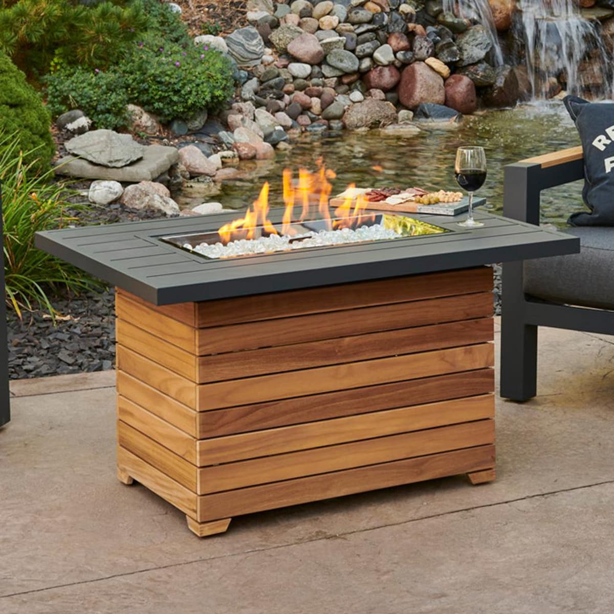 Darien 42-Inch Rectangular Teak Natural Gas Fire Pit Table in Gray