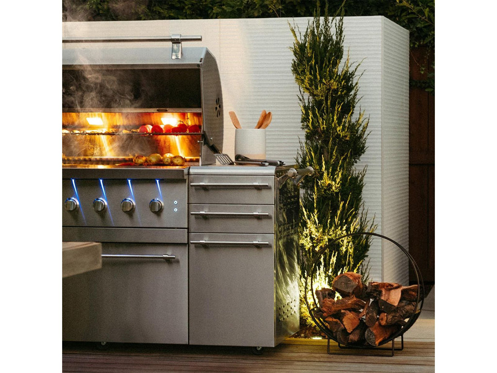 Parrilla híbrida de madera, carbón y gas Encore de 36 pulgadas, fabricada en Estados Unidos, con quemador infrarrojo y kit de asador. 