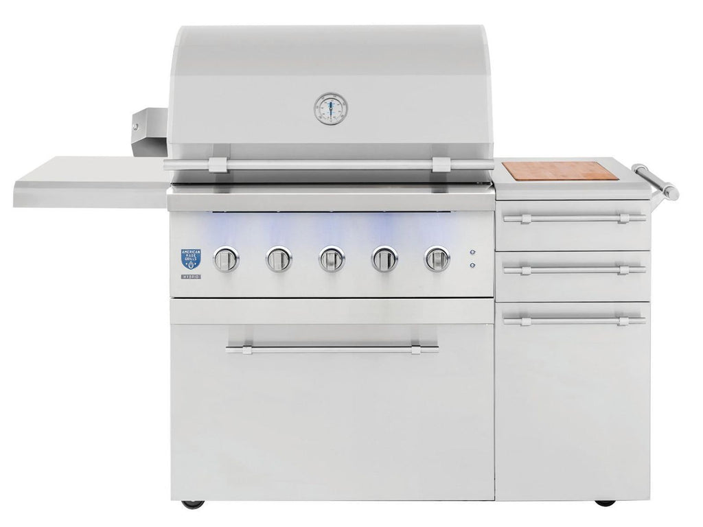 Parrilla híbrida de madera, carbón y gas Encore de 36 pulgadas, fabricada en Estados Unidos, con quemador infrarrojo y kit de asador. 