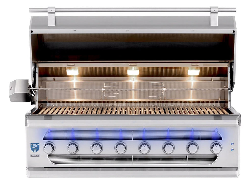 Parrilla híbrida American Made Grills Muscle de 54 pulgadas (leña, carbón y gas) con quemador infrarrojo y kit de asador. 