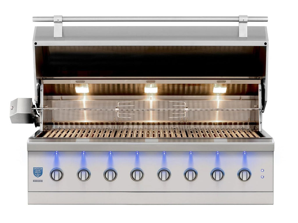 Parrilla híbrida de madera, carbón y gas Encore de 54 pulgadas, fabricada en Estados Unidos, con quemador infrarrojo y kit de asador. 