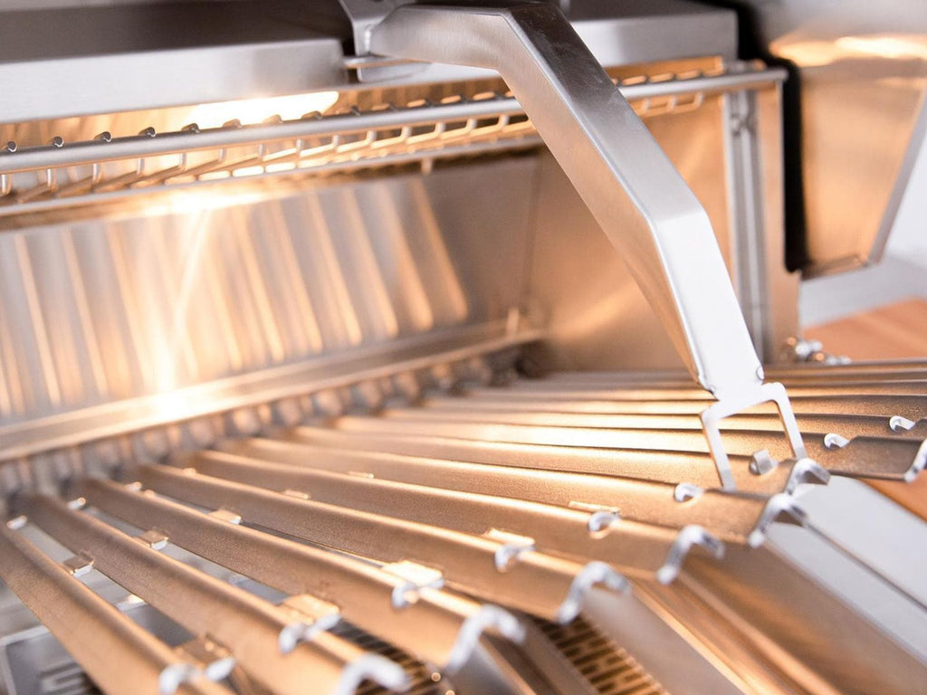 Parrilla híbrida de madera, carbón y gas Encore de 36 pulgadas, fabricada en Estados Unidos, con quemador infrarrojo y kit de asador. 