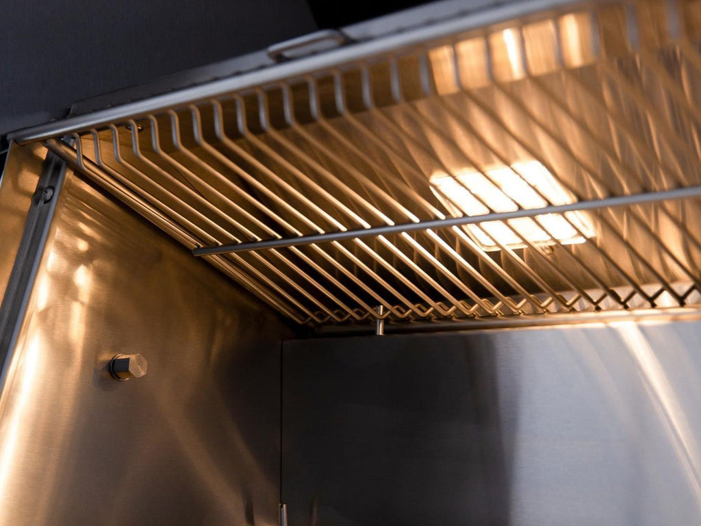 Parrilla híbrida de madera, carbón y gas Encore de 54 pulgadas, fabricada en Estados Unidos, con quemador infrarrojo y kit de asador. 