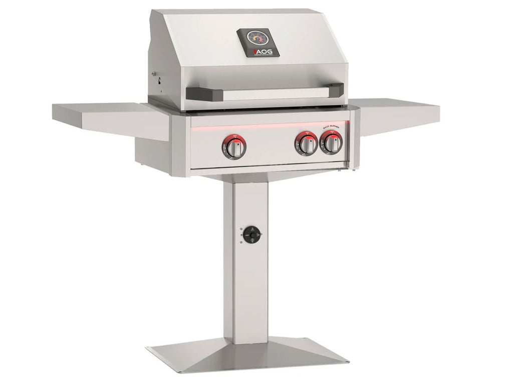 American Outdoor Grill L-Series 24-Inch 2-Burner Gas Grill With Rear IR Burner, Rotisserie Kit, Internal Lights & LED Multi-Color Lights on Patio Post Base