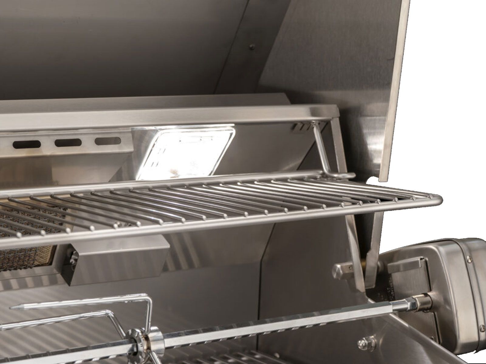 American Outdoor Grill L-Series 24-Inch 2-Burner Gas Grill With Rear IR Burner, Rotisserie Kit, Internal Lights & LED Multi-Color Lights on Patio Post Base