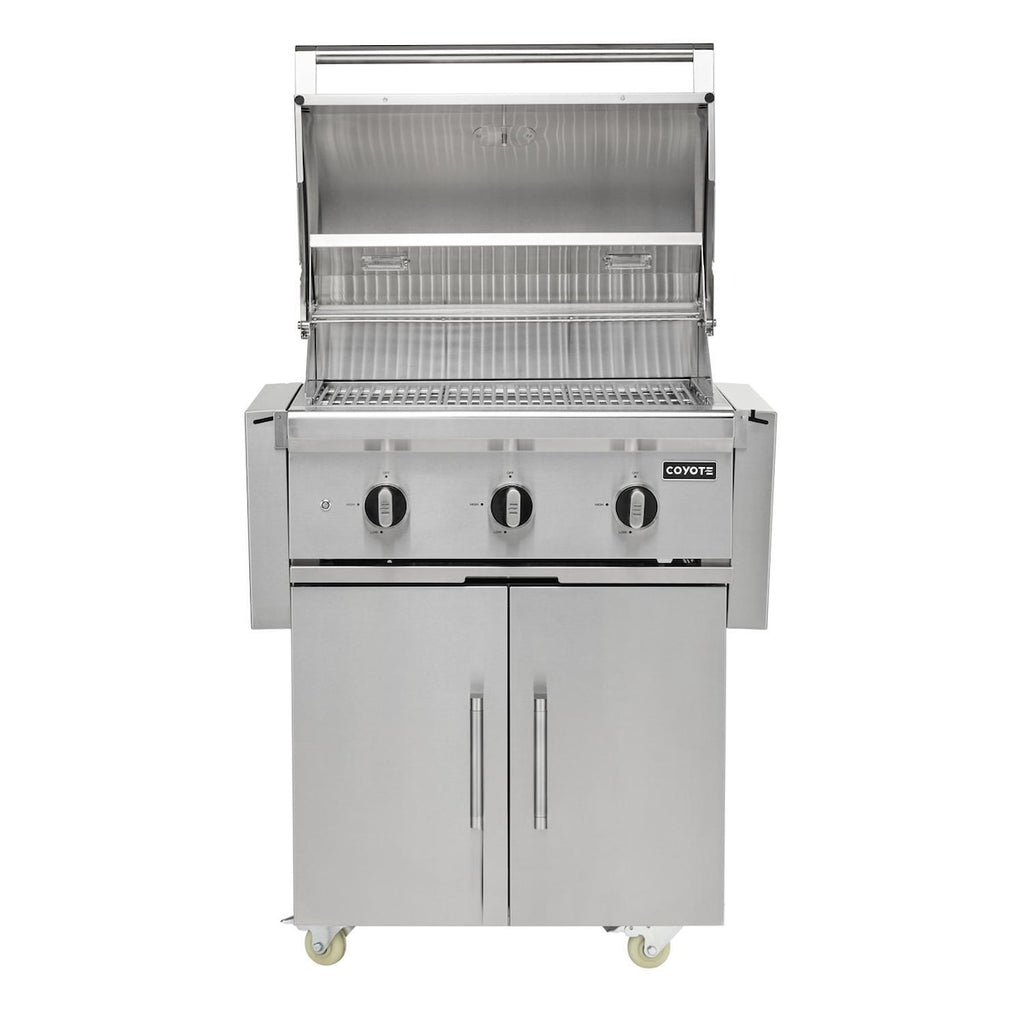 coyote sl-series 30-inch 3-burner Freestanding gas grill with ceramic briquettes, sear burner, infrared rear burner & rotisserie kit