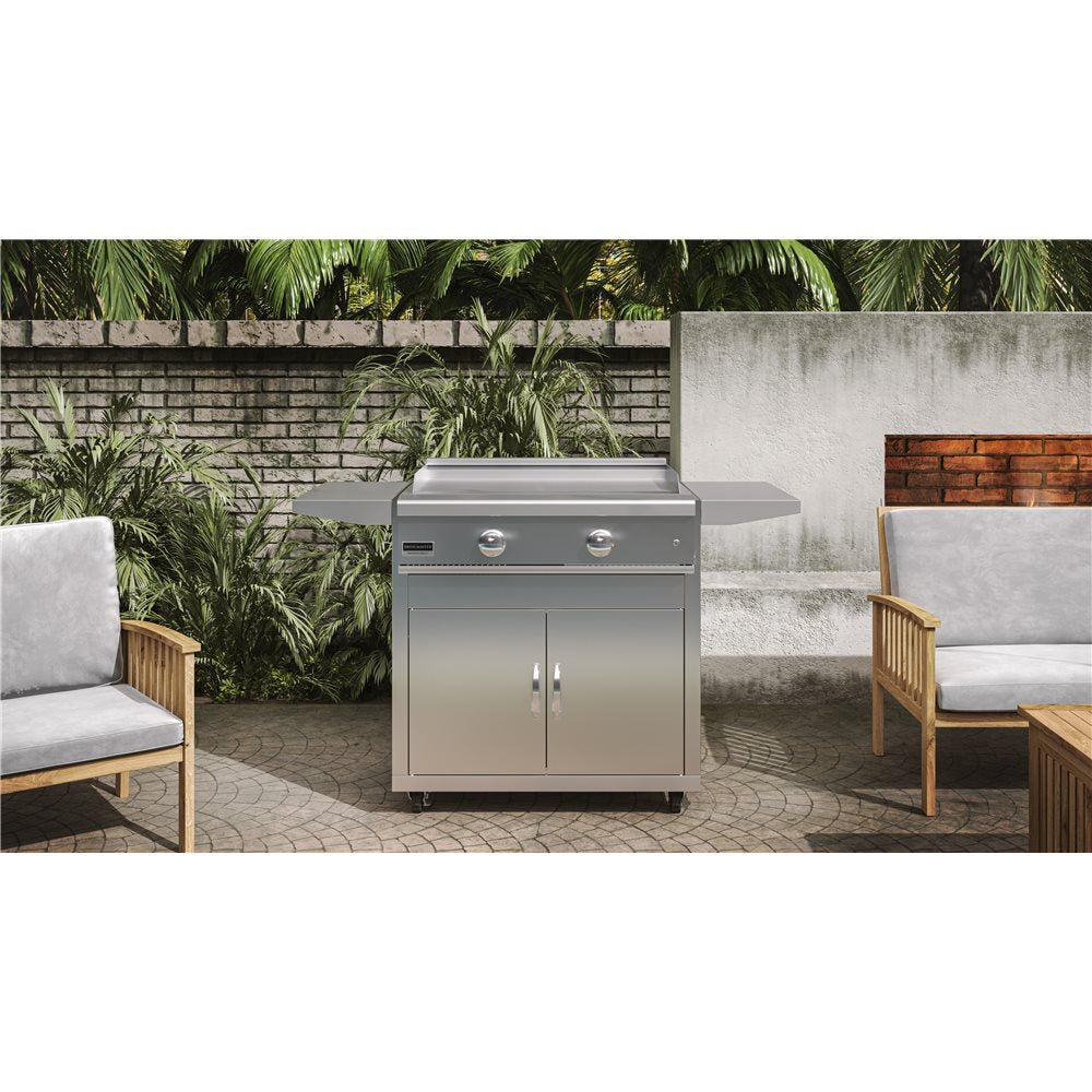 Stainless steel grill on a patio with chairs and plants in the background