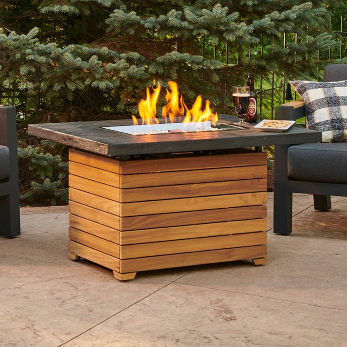 Darien 44-Inch Rectangular Teak Propane Fire Pit Table in Gray