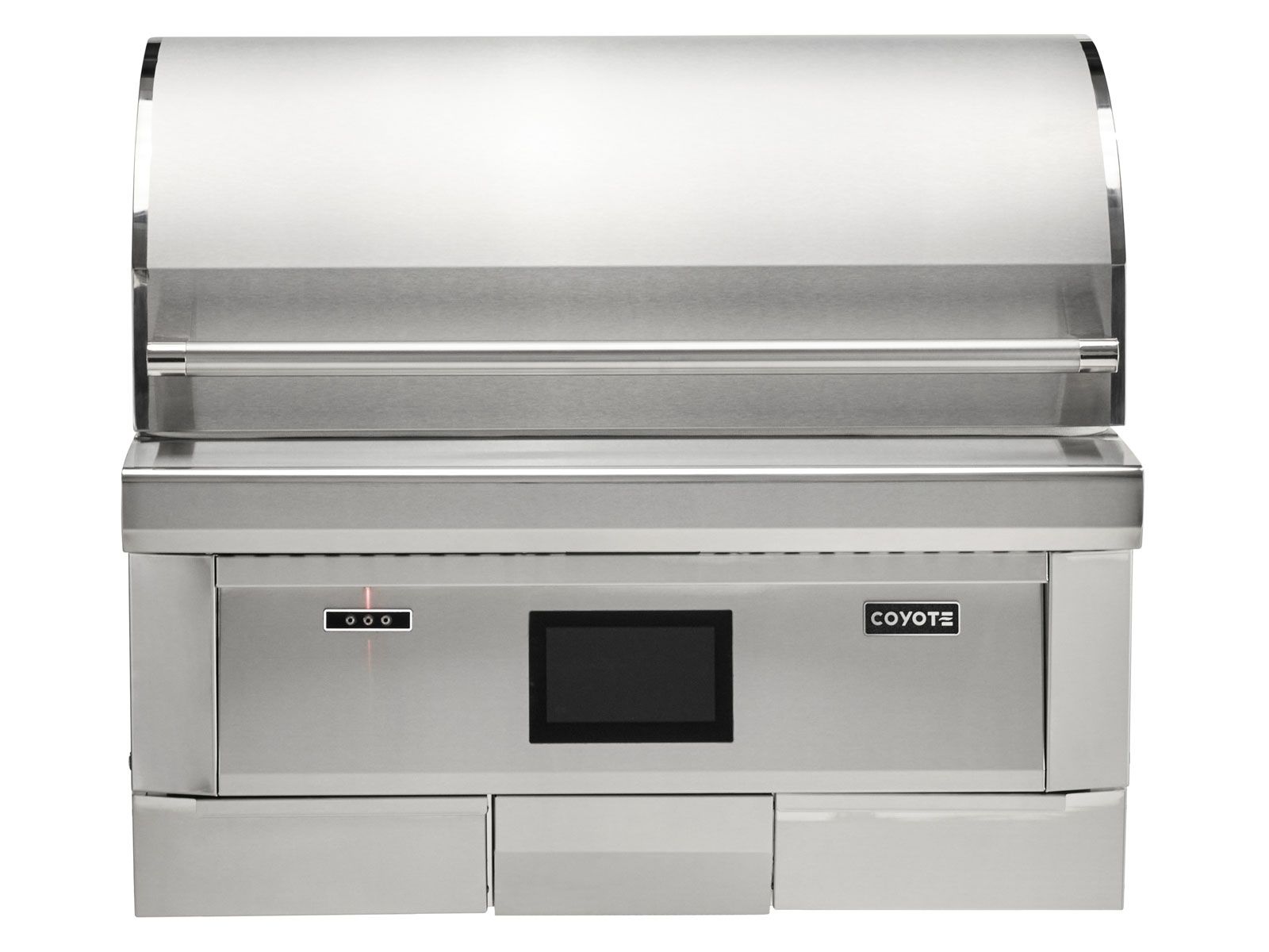 Isla de cocina al aire libre Haven de 8 pies con parrilla de pellets Coyote de 36 pulgadas, cajón de almacenamiento individual, centro de basura y refrigerador de 24 pulgadas - negro cepillado 