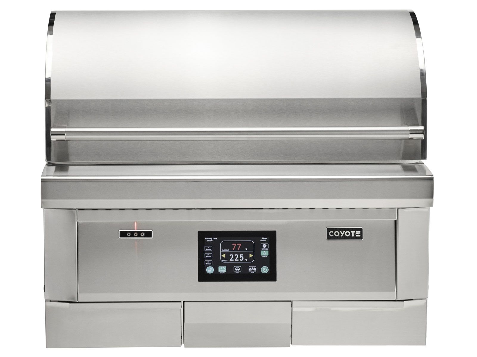 Isla de cocina al aire libre Haven de 8 pies con parrilla de pellets Coyote de 36 pulgadas, cajón de almacenamiento individual, centro de basura y refrigerador de 24 pulgadas - negro cepillado 